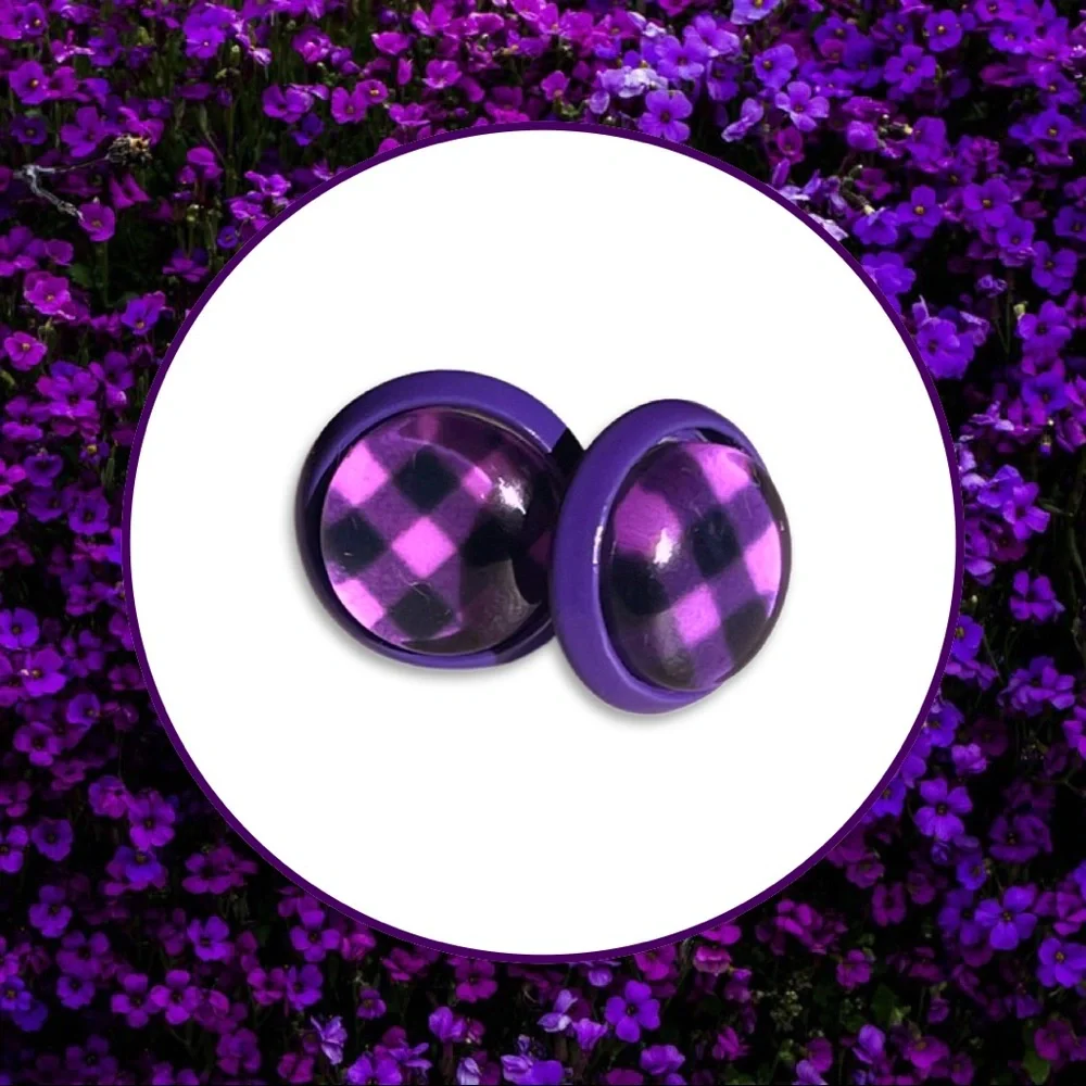 Purple Plaid Stud Earrings - Picture 2 of 5